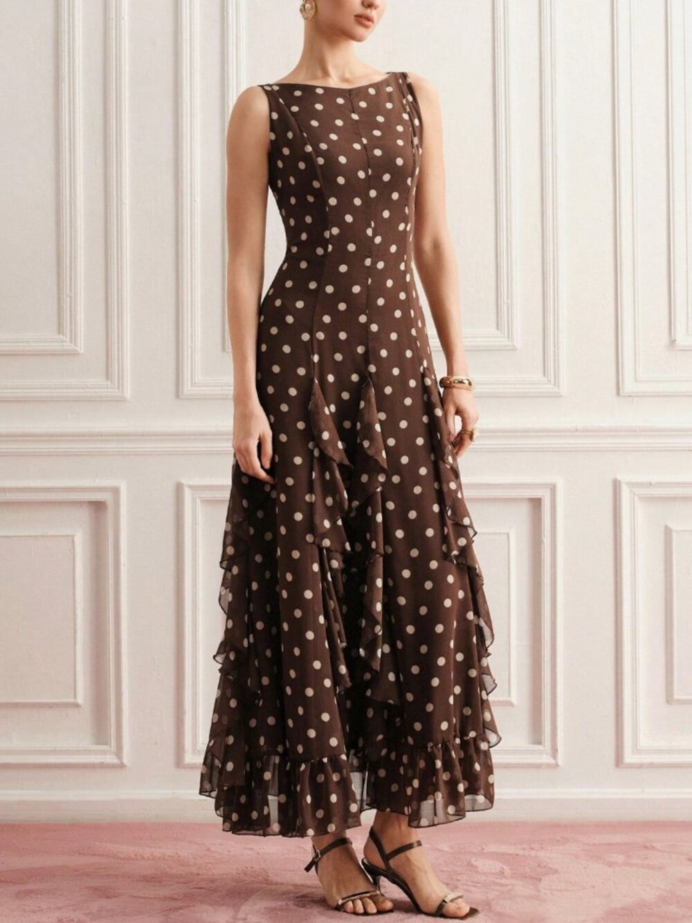Coffee Elegant Women's Waist Cinched Ruffle Hem polka dot Slim Fit Dress - Picture 4 of 7